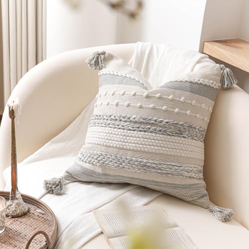Gray Boho Decorative Throw Pillow Cover 22x22 Square Farmhouse Accent Cushion for Couch Sofa Livingroom Bedroom Pillowcase Modern Home Décor