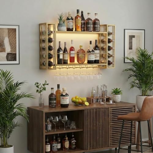 40" Wall Mounted Wine Rack with LED Lights & Wine Glass Rack