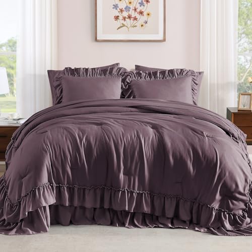 King Size Comforter Set Dark Purple Ruffle 7 Pieces Farmhouse Bed in a Bag