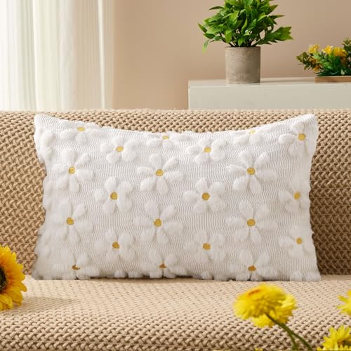 Spring Summer Pillow Covers 12x20 inch Set of 2 White Daisy (2 Count)