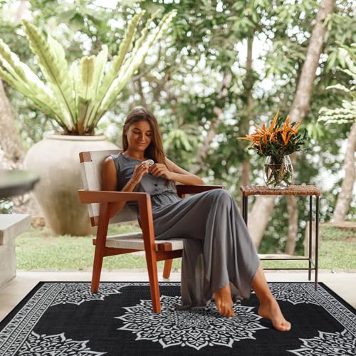 Outdoor Rug 9x12 Medallion Black White Modern Area Rugs for Large Indoor and Outdoor Patios