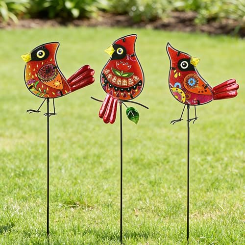 Set of 3 Cardinal Stained Glass Decorative Garden Stakes (3 Count)