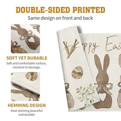Happy Easter Bunny Placemats Set of 4 Easter Rabbit Egg Carrots Linen Fabric Table Mats Spring Seasonal Rustic Holiday Washable Place Mats for Party Kitchen Dining Indoor Decor 12x18 Inch (4 Count)