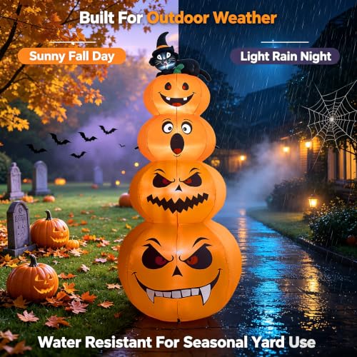 8FT Halloween Inflatable Stacked Pumpkins with Black Cat & LED Lights (Orange)