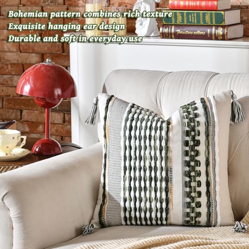Set of 2 Chenille Striped Textured Boho Throw Pillow Covers Aesthetic with Tassels Woven Decorative Pillow Case for Couch Bed Sofa Bedroom Modern Funky 18 x 18 (2 Count)