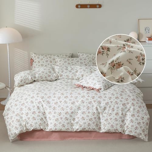 Blush Pink Floral Comforter Set Twin XL Vintage Garden Flower Bedding Comforter Girls Botanical Comforter with 2 Bow Ties Pillowcases Fluffy Cottagecore Comforter Set for All Seasons