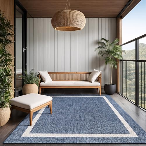 Bordered Outdoor Rug 10x14 Washable Outside Carpet for Indoor Patio Porch Waterproof Easy Cleaning Non Shedding Area Rugs Blue 10 x 14
