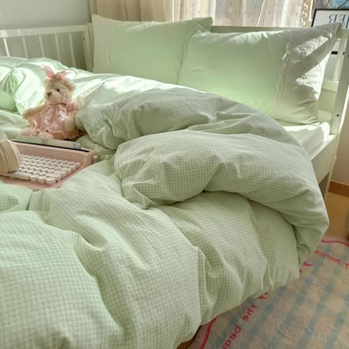 Green Gingham Comforter Set Full Size Princess Lace Style Vintage Plaid Checkered Comforter Chic Gingham Farmhouse Bedding Set Lightweight Fluffy Soft Green Plaid Grid Comforter Set Full