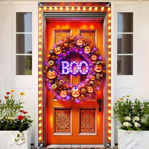 Halloween Door Banner LED Pumpkin Wreath 35x71 Inches Spooky Lit “Boo” Decor with String Lights & Jack