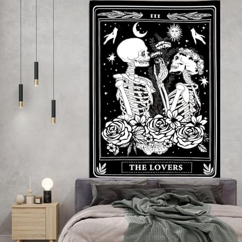 The Lovers Skull Tapestry Gothic Tapestry Vertical Black and White Skeleton Gothic Witch Sun Moon Floral Plant Snake Tapestries Wall Hanging Decor for Bedroom Dorm Room 30 x 40 Inches