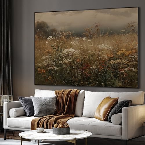 36"x46" Extra Large Framed Wall Art Autumn Meadow Landscape Rustic Brown and Golden Field Illustration for Home Living Room Bedroom Decor