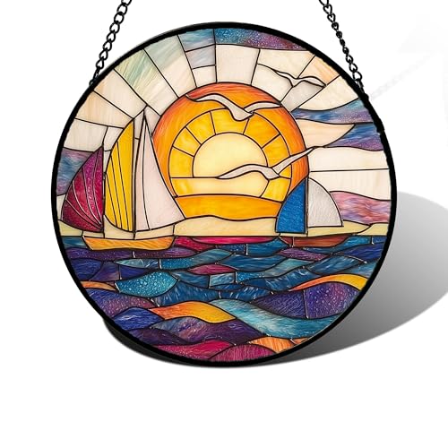 Sunset Sailboat Stained Glass Window Hanging Suncatcher Gifts Decor 12"