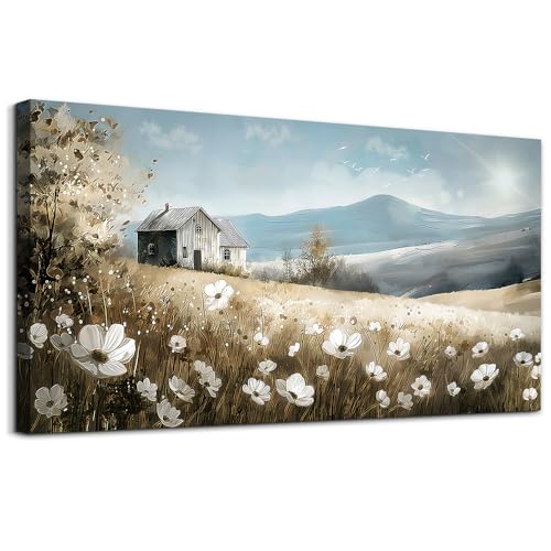 Canvas Wall Art For Living Room Large Wall Decor For Bedroom Field Scenery Watercolour Flowers Wall Paintings Office Decorations Old House Pictures Artwork Home Decor Ready To Hang 48L x 24W