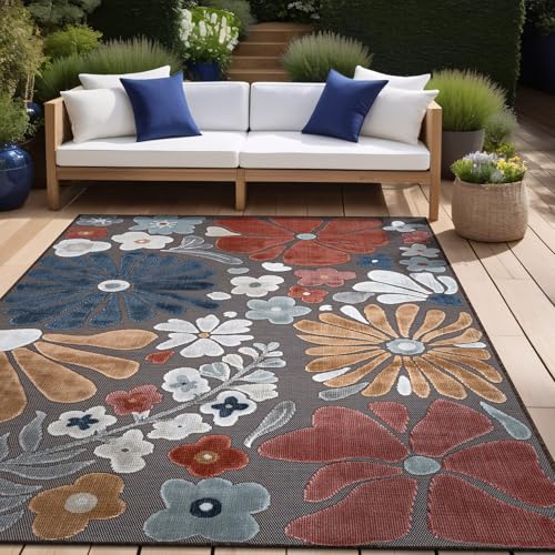 Outdoor Rug 10x14 Large Modern Floral Tropical Area Rugs for Outdoor and Indoor Patio Easy to Clean Non Shedding Living Room Porch Garden Washable Outside Carpet