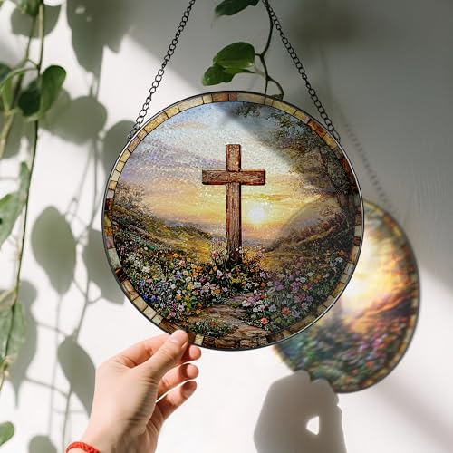 8 Inches Cross Sunset Stained Glass Suncatcher