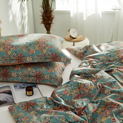 Queen Comforter Set Vintage Floral Boho Comforter for Queen Bed Aesthetic Floral Bedding Comforter with 2 Pillowcases Flower Leaves Boho Bedding Sets Farmhouse Botanical Flower Comforter Set