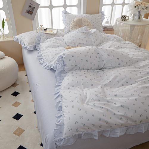 Blue Floral Comforter Set Twin XL Botanical Ruffle Bedding Comforter Fluffy Soft Aesthetic Coquette Bedding Set Girls Cottagecore Blue Flowers Comforter Set with 2 Pillowcases for All Seasons