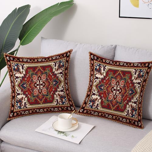 Outdoor Waterproof Pillow Covers 18x18 Inch Red Floral Bohemian Vintage Carpet Pattern Ethnic Design Decorative Farmhouse Cushion Cases for Sofa Couch Garden Balcony Set of 2 (8 Count)