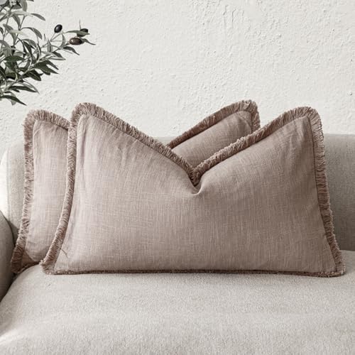Boho Linen Fringe Lumbar Throw Pillow Covers 12×20 Dusty Pink (2 Count)