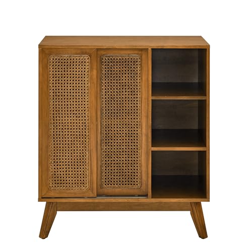 32" Mid Century Modern Rattan Sideboard Cabinet with 2 Sliding Doors