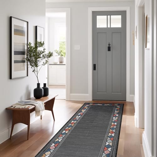 Outdoor Runner Rug 2x7 Modern Floral Bordered Area Rugs for Indoor and Outdoor Patio Easy to Clean Non Shedding Living Room Porch Garden Washable Outside Carpet (14.0625 Sq Ft)