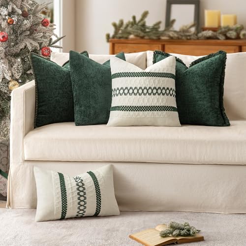 Set of 2 Dark Green Boho Christmas Decorative Pillow Covers 20x20 Inch (2 Count)