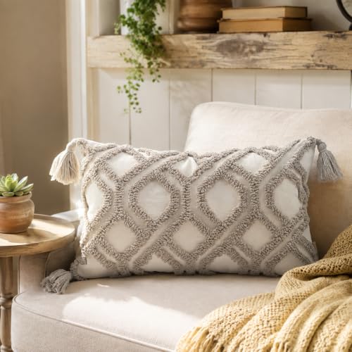 Lumbar Pillow Covers 12x20 Boho Tufted for Couch Taupe