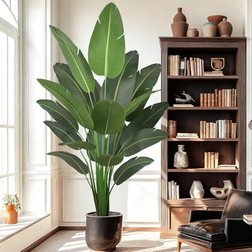 Artificial Bird of Paradise Tree 7FT 19 Thick Matte Texture Leaves Tall Large Fake Faux Tropical Traveler's Palm Banana Leaf Plant 84 Inch Black Pot for Indoor Home Office Poolside Decor