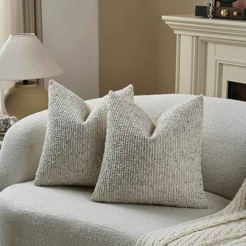 Striped Throw Pillow Covers 24x24 Set of 2 Cream Grey Textured Boucle Chic Morden Boho Accent Farmhouse Square Decorative Couch Pillow Covers for Home Decor Bed Sofa Living Room (2 Count)