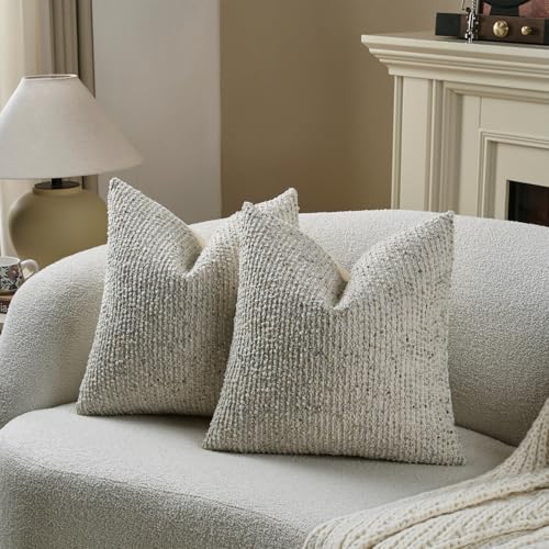 Striped Throw Pillow Covers 22x22 Set of 2 Cream Grey Textured Boucle Chic Morden Boho Accent Farmhouse Square Decorative Couch Pillow Covers for Home Decor Bed Sofa Living Room (2 Count)