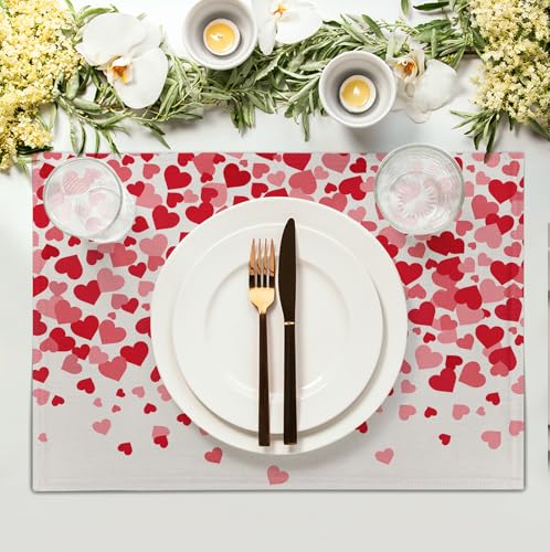 Valentine's Day Pink Love Heart Placemats Set of 4 Valentine Dining Place Mat Heat Resistant Washable Wedding Anniversary Rectangle Table Mat for Outdoor Kitchen Home Party 12x18 Inch (4 Count)