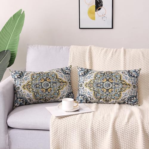 Outdoor Waterproof Pillow Covers 12X20 Set of 2 Bohemian Vintage Carpet Pattern Pillow Covers Green Blue Ethnic Design Decorative Farmhouse Cushion Case for Couch Garden (7.5 Count)