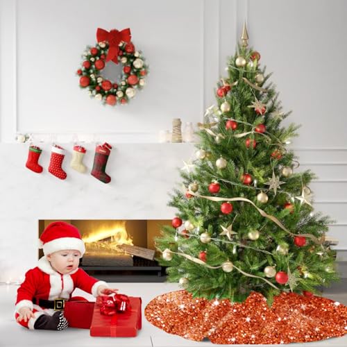 46 Inch Christmas Tree Skirt Sequins Burnt Orange Xmas Tree Skirt Soft Velvet Christmas Tree Skirts Christmas Tree Ornaments for Halloween Round Fabric Tree Cover Skirt Sequin Metal Tree Base