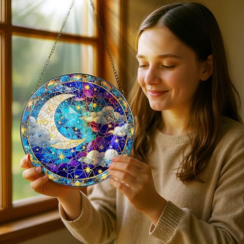 8 Inch Moon and Star Stained Glass Ornament