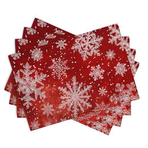 Red Snowflake Xmas Placemats Set of 4 Merry Christmas Snowflakes Linen Fabric Table Mats Seasonal Winter Holiday Washable Place Mats for Party Kitchen Dining Outdoor Indoor Decor