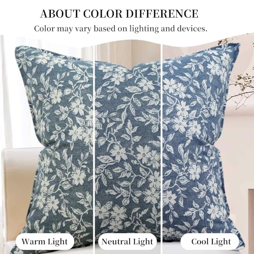 Floral Throw Pillow Covers 20x20 Set of 2 Farmhouse Jacquard Decorative Pillowcovers Couch Pillows for Living Room Accent Sofa Pillows Blue (2 Count)