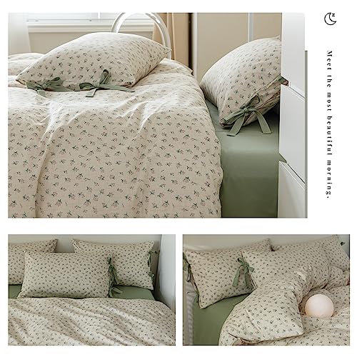 Green Flower Comforter Set Twin XL Vintage Floral Comforter with 2 Bow Ties Pillowcases Soft Fluffy Cottagecore Bedding Set for Girls Women Botanical Bedding Comforter Set for All Season