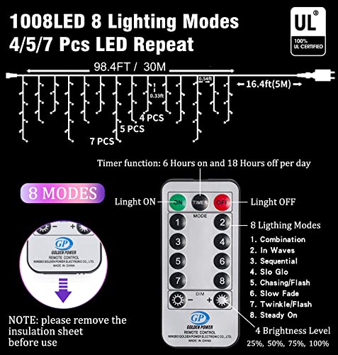 Icicle Christmas Lights Outdoor Decorations 1008 LED 98.4 FT 8 Modes LED Icicle String Light with 189 Drops