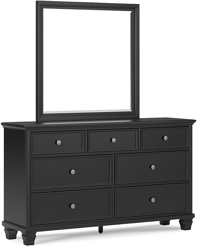 Signature Design by Ashley Lanolee Modern 7-Drawer Dresser and Mirror with Safety Stop, Classic Style, Sturdy Wood, Birch Veneer, Framed Drawer Fronts, Metal Drawer Knobs, Pewter-Tone Finish, Black