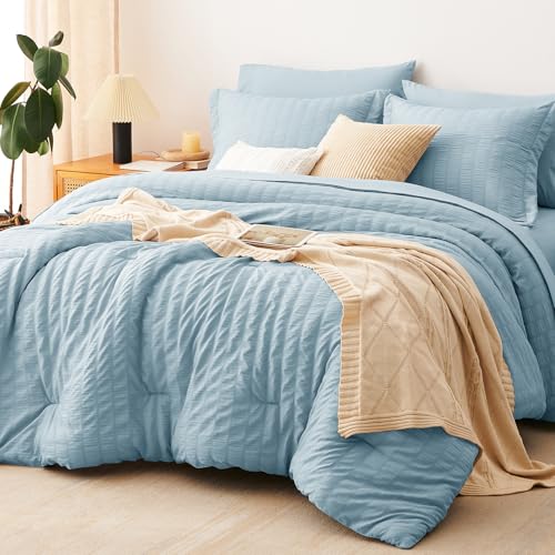 Full Size Comforter Set 7 Pieces Light Blue Seersucker Bed in a Bag