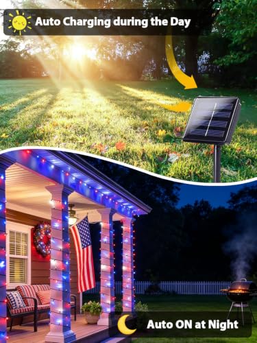 Solar Christmas String Lights Outdoor 2 Pack 200 LED 66FT Red White Blue (2 Count)