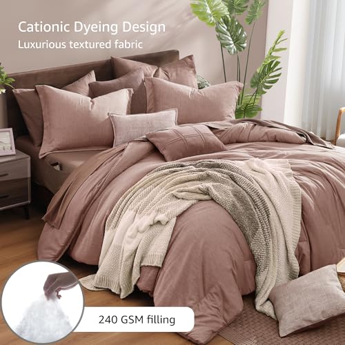 Queen Comforter Set 7 Pieces Dusty Pink Cationic Dyeing Bed in a Bag