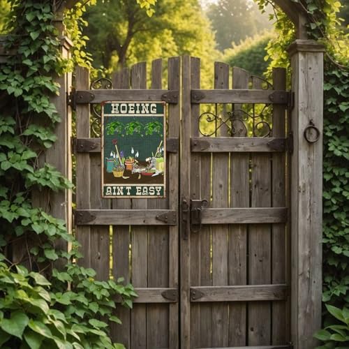 Funny Garden Signs for Outside Hoeing Ain't Easy Metal Tin Sign Personalized Decor Gift for Women Outdoor Yard & Shed Gardening Signs Garden Stuff for Outside 8x12 Inch