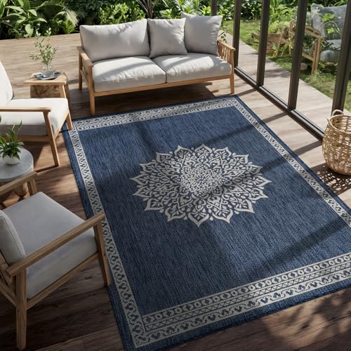 Outdoor Rug 10x14 Medallion Blue Modern Large Area Rugs for Indoor and Outdoor Patios Kitchen and Hallway Mats Washable Porch Deck Outside Carpet (140 Sq Ft)