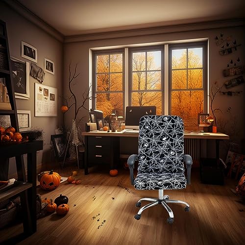 Halloween Office Chair Covers Gothic Spider Web Spooky Spider on Black Horror Theme Print Stretchable Slipcover for Modern Simplism Style High Back Boss Chair