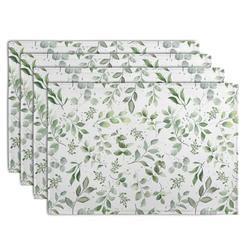 Sage Green Eucalyptus Leaves Placemats Set of 4 Spring Summer Watercolor Leaf Table Mats 12x18 Inch Seasonal Holiday Rustic Farmhouse Linen Fabric Place Mat for Kitchen Dining Decor (4 Count)