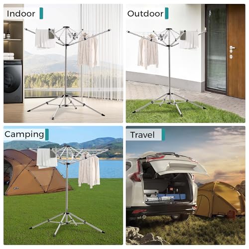 Indoor and Outdoor Portable Clothes Drying Rack with 4 Rotatable Arms for Hangers