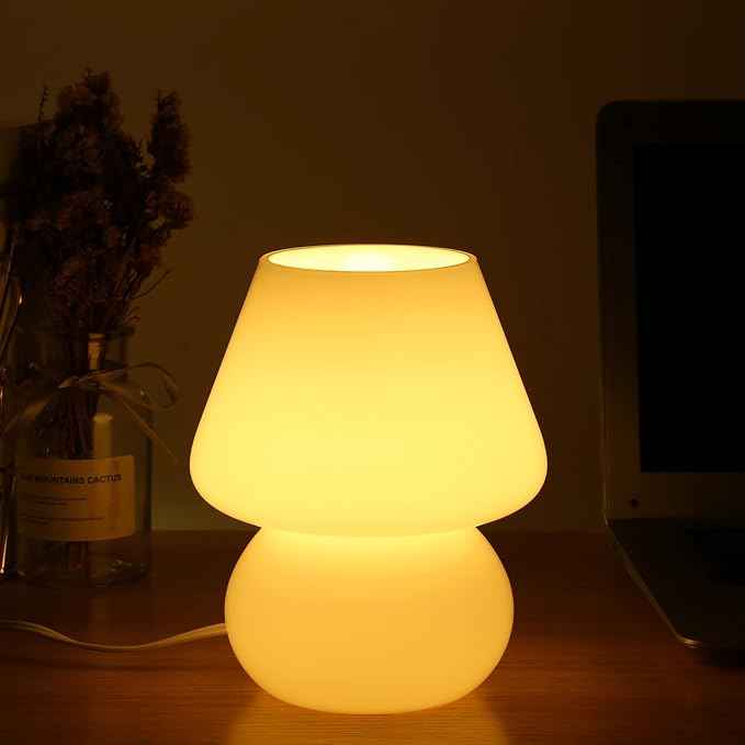 Mushroom lamp,Glass Mushroom Bedside Table Lamp Translucent Murano Vintage Style Striped Small Nightstand Desklamp Swirl Light for Home Decor, Dining, Living, Bedroom, Gift (Matte White)