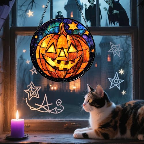 Stained Glass Window Hanging Halloween Horror Golden Pumpkin 6.3"