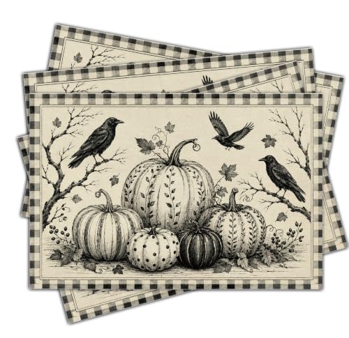 Halloween Placemats Set of 4 Crow Pumpkin Linen Table Mats Gingham 18x12 (4 Count)